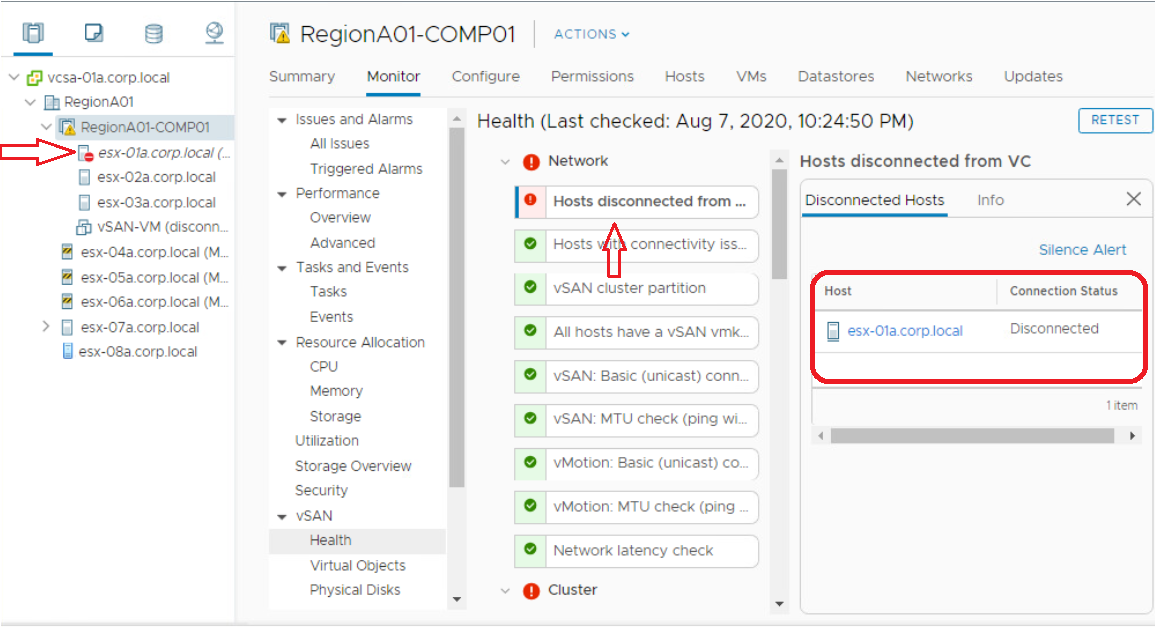 VSAN Health Alarm 'Hosts Disconnected From VC'